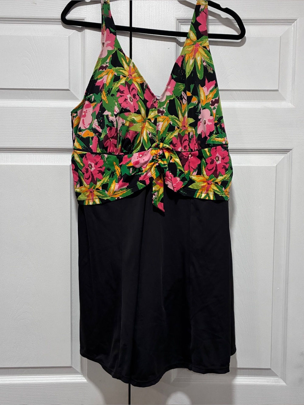 Floral Tie-Front Tankini Bathing Suit Dress - Black with Pink & Green Floral Top